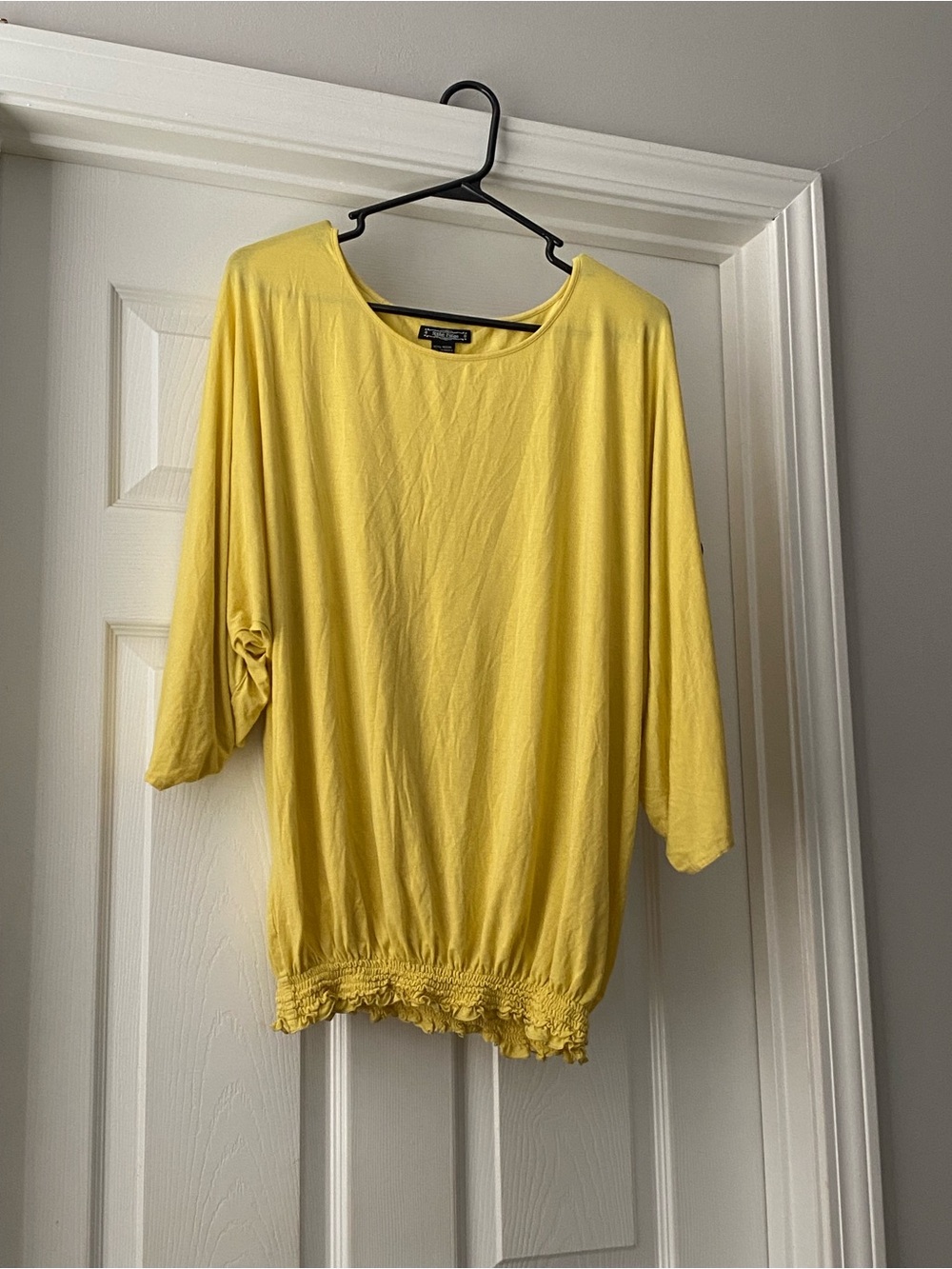 Avenue Bright Yellow Dolman Sleeve Knit Top with Crochet Hem